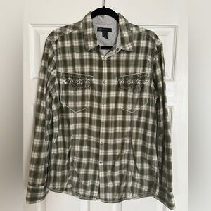 INC International Concepts Olive and White Plaid Button Down Shirt
